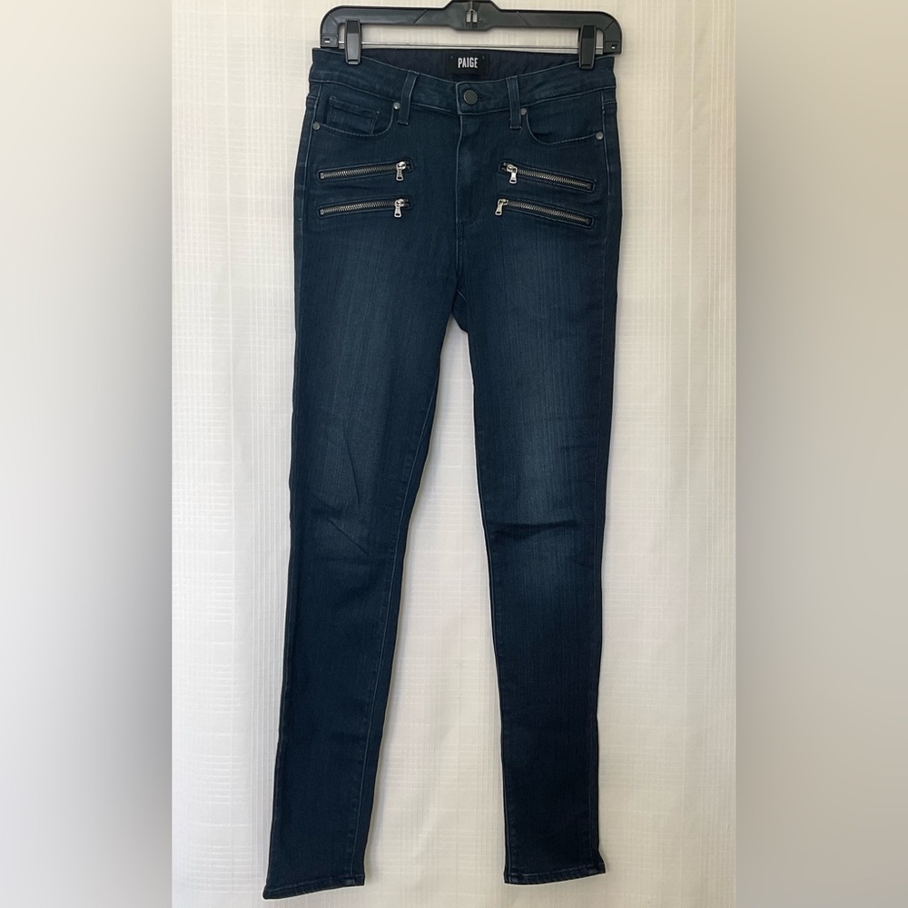 PAIGE Women's High Rise zipper accent dark wash jeans.